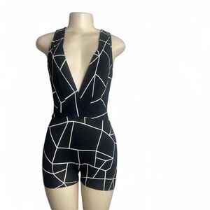 Black & White Geometric Plunge Romper